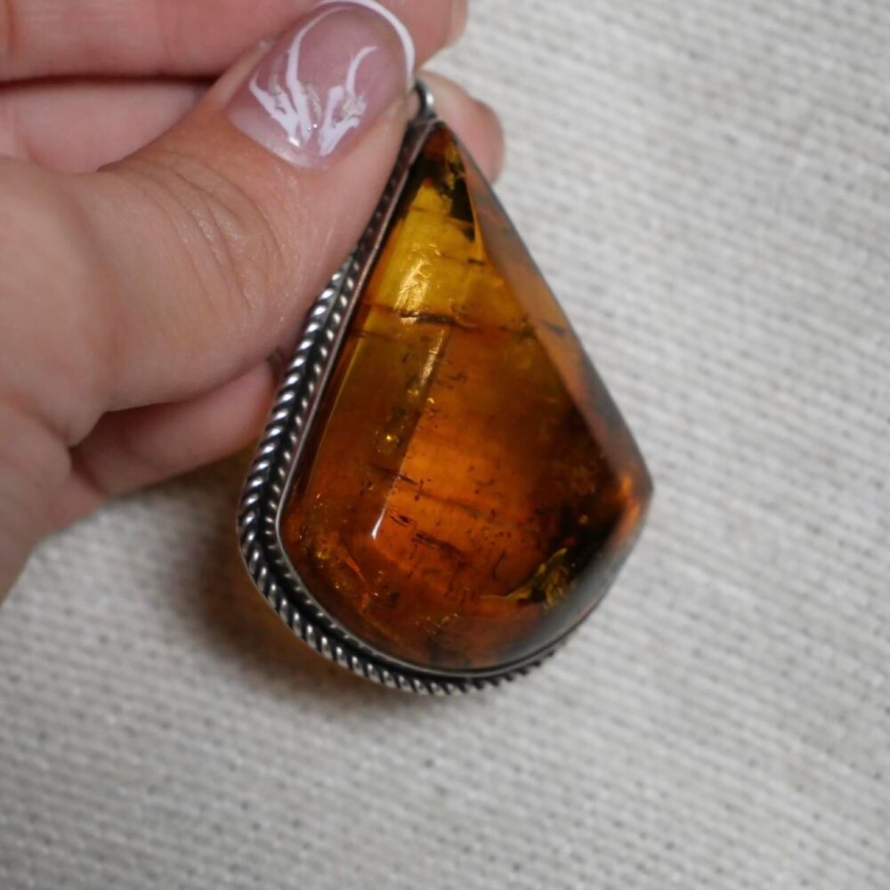 Large Amber Teardrop Pendant 925 Sterling